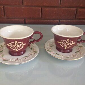 2 Wine/Gold Colored Coffee/Tea Cups & Saucers